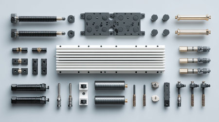 A meticulous arrangement of precision components for industrial machinery and equipment showcasing elements ideal for various engineering applications.の素材