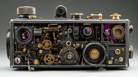 This captivating image showcases the intricate internal mechanisms of a vintage camera, highlighting the precision craftsmanship and engineering behind classic photography equipment.の素材
