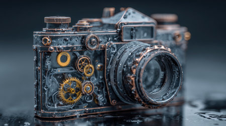 This image features a vintage camera showcasing intricate gear mechanisms, adorned with water droplets, creating a stunning artistic feel. Its detailed presentation highlights the unique blend of technology and craftsmanship.の素材
