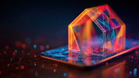 A vibrant and abstract representation of a smartphone displaying a glowing house structure, symbolizing innovation in digital housing solutions.の素材
