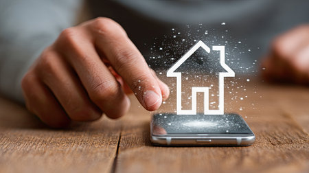 A hand interacts with a smartphone screen, displaying a house icon beautifully animated in a modern lifestyle, representing digital connectivity in home services.の素材