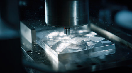 This image captures a close-up of a CNC milling machine in operation, showcasing the intricate metal cutting process on an aluminum block, highlighting precision and technology.の素材