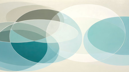 This artwork features overlapping circles in various shades of blue and gray, creating a modern and serene atmosphere, perfect for contemporary decor.の素材