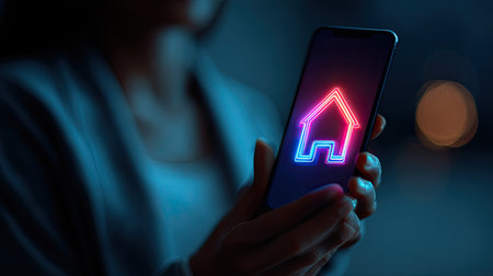 A captivating image featuring a smartphone displaying a vibrant neon home icon, emphasizing modern technology and digital lifestyle in a visually engaging environment.の素材