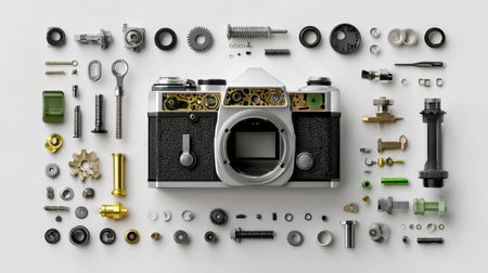 This image showcases a detailed arrangement of disassembled vintage camera parts on a clean white background. Ideal for photography lovers or tech enthusiasts.の素材
