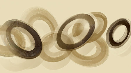This artwork features a captivating arrangement of circular shapes in earthy tones, creating a unique abstract design that radiates elegance and serenity.の素材