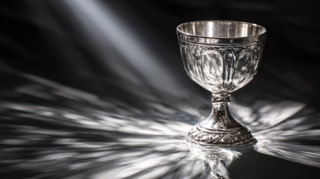 This captivating image features an ornate silver chalice set on a reflective surface. Rays of light create a mesmerizing atmosphere, enhancing the artistic allure.の素材