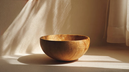 A beautifully crafted wooden bowl resting on a smooth surface, illuminated by soft natural light, creating a serene and warm atmosphere.の素材