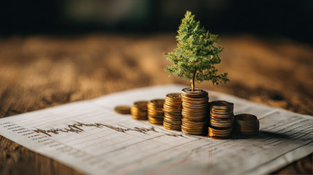 A small tree grows on a stack of coins, representing investment and financial growth. A graph rests beneath, illustrating market trends and strategies for success.の素材