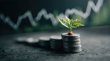 An inspiring visual of a green plant emerging from a stack of coins, symbolizing financial growth and sustainability in a competitive market backdrop.の素材