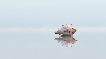 A beautiful sea shell rests on a smooth water surface, capturing its intricate details in serene light. This tranquil image evokes feelings of peace and reflection, perfect for nature-themed projects.の素材