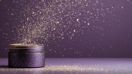 A captivating image of shimmering gold dust cascading from a purple container, ideal for makeup, art, and festive decoration projects. The soft background enhances the glimmering effect, creating a luxurious and enchanting atmosphere.の素材