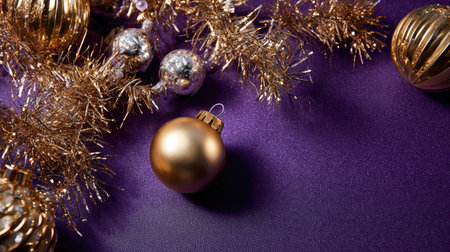 A stunning arrangement of gold Christmas ornaments and tinsel lies elegantly on a rich purple background, perfect for capturing the essence of festive celebrations.の素材