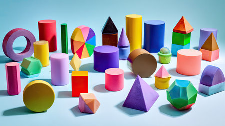 A vibrant collection of geometric shapes displayed against a soft backdrop, perfect for educational tools, creative projects, and artistic inspiration.の素材