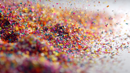 A close-up view of colorful glitter particles scattered on a surface, creating a vibrant and shimmering background perfect for festive themes and creative projects.の素材