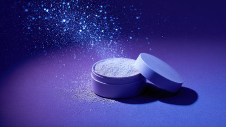 A beautifully styled close-up of a powder container set against a soft purple background. The image captures sparkling dust being gently sprinkled, evoking themes of beauty and luxury. This piece is ideal for cosmetic branding or promotional material.の素材