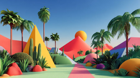 Explore a vibrant abstract landscape filled with geometric shapes, palm trees, and vivid colors. A stunning scene captures the essence of creativity and joy.の素材