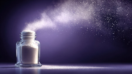 A captivating image of fine white powder escaping from a glass jar, creating a dreamlike swirl against a dark purple background, perfect for artistic projects.の素材