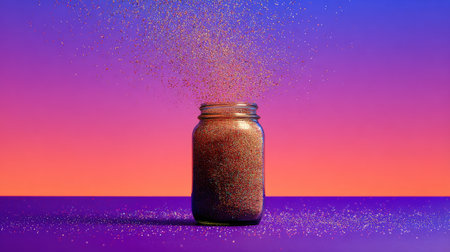 A mesmerizing jar filled with sparkling glitter, set against a vibrant gradient background. Perfect for capturing the essence of creativity and decoration.の素材