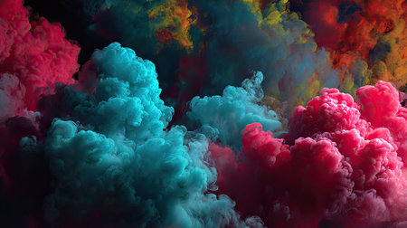 This vibrant and colorful abstract background features dramatic swirls of smoke in shades of red, blue, and yellow, creating a stunning visual experience. Perfect for artistic projects.の素材