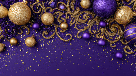 Discover the charm of this elegant arrangement of gold and purple ornaments surrounded by glitter on a rich purple background, perfect for holiday celebrations.の素材