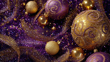 This stunning image showcases elegant gold and purple ornaments scattered across a dazzling glittery background, perfect for festive holiday themes.の素材