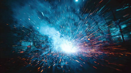 Bright blue sparks erupt in an industrial workshop, creating an energetic atmosphere filled with light and smoke, showcasing the intensity of metalwork processes.の素材