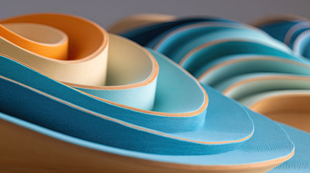 This image showcases an arrangement of colorful paper rolls in smooth curves and layers, blending shades of blue, orange, and yellow for a vibrant aesthetic.の素材