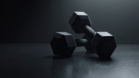 A striking composition featuring black dumbbells resting on a dark surface, ideal for themes of fitness, strength training, and healthy living.の素材