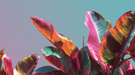 This captivating image showcases vibrant tropical leaves in stunning colors against a soft gradient background, exuding beauty and natural elegance.の素材
