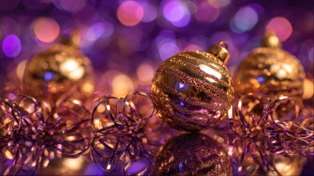 Explore the festive charm of golden Christmas ornaments resting on a vibrant purple background filled with bokeh lights, creating a warm holiday ambiance.の素材