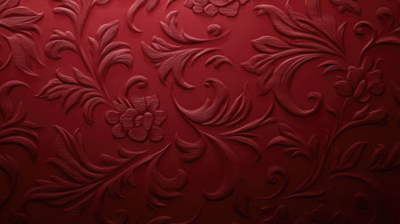 This image features an elegant red floral relief pattern with intricate designs and textures, perfect for enhancing interior spaces, artworks, or decorative surfaces.の素材