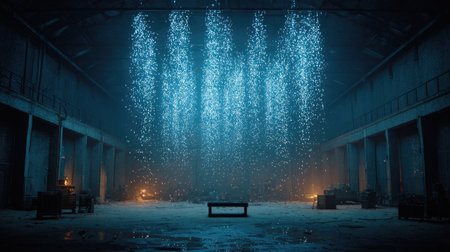 This captivating image features an innovative light installation in an abandoned warehouse, showcasing a stunning blue water effect that creates a magical atmosphere.の素材