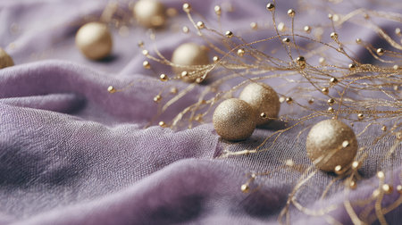 Delicate gold spheres and shimmering branches elegantly scattered on luxurious purple fabric, creating a festive and sophisticated atmosphere perfect for celebrations.の素材