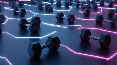 A visually stunning gym space featuring dumbbells illuminated by vibrant neon lights, perfect for showcasing fitness motivation and modern exercise energy.の素材