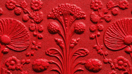 This image features a rich red floral pattern with embossed details on a textured surface, ideal for art projects, backgrounds, and decorative uses.の素材