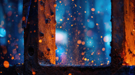 This striking image captures glowing sparks and bright embers in a workshop setting, showcasing the intense energy and dynamic atmosphere of the craftsmanship process.の素材