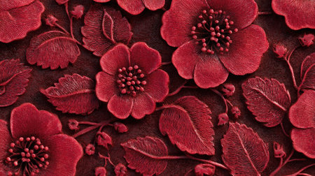 This captivating image showcases an elegant red floral embroidery pattern, featuring intricate details of flowers and leaves against a dark background, perfect for textiles.の素材