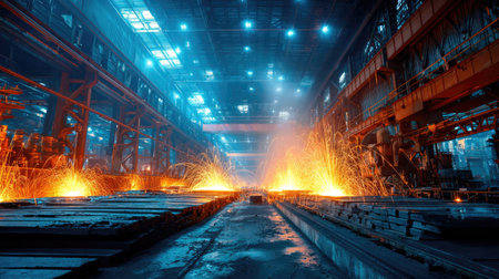 This captivating image shows the dynamic process of steel manufacturing with bright sparks flying in a modern industrial factory. The vivid colors and intense energy create a striking atmosphere depicting the power of industry.の素材