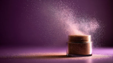 This image captures a closeup of shimmering cosmetic powder emerging from a jar, creating an elegant display of sparkle against a rich purple backdrop, embodying beauty and vibrancy.の素材