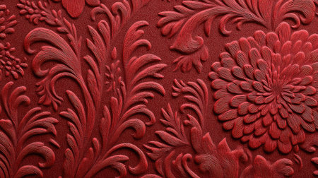 Close-up view of an intricate red floral textile pattern featuring rich embossing and texture, ideal for home decor projects and artistic designs.の素材