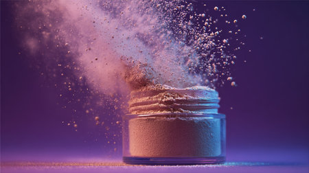 Captivating image of colorful powder bursting from a glass jar, creating an artistic display with dramatic lighting and vibrant colors against a bold backdrop.の素材