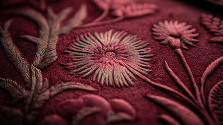 Experience the exquisite beauty of intricate floral embroidery on luxurious burgundy fabric, showcasing careful craftsmanship and rich textures.の素材