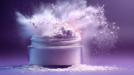 A stunning visual of cosmetic powder bursting from a jar set against a soft purple background. The dynamic dust effects create a sense of movement and elegance, perfect for beauty and skincare themes.の素材