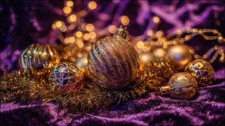 A captivating arrangement of gold Christmas ornaments set against a rich purple fabric, enhanced by soft bokeh lights, evoking a warm holiday mood.の素材
