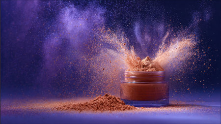 Captivating image of cosmetic powder bursting from a jar, showcasing dynamic motion and rich colors against a purple background, perfect for beauty themes.の素材