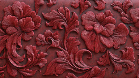 This stunning red floral relief showcases intricate designs with beautifully crafted petals and swirls, perfect for luxurious textures and backgrounds.の素材