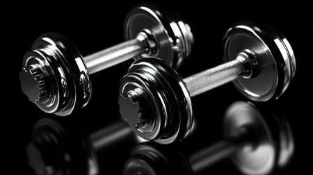 A pair of polished chrome dumbbells displayed on a glossy black surface, symbolizing strength and fitness. Ideal for gym enthusiasts and fitness promotion.の素材
