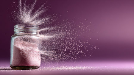 A glass jar filled with pink powder creates a captivating splash effect against a soft purple background, showcasing artistic motion and vibrant colors.の素材
