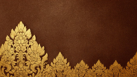 This image showcases an elegant traditional Thai pattern in rich gold against a deep brown background. Ideal for diverse decorative applications.の素材